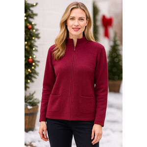 Eileen Fisher 100% Wool Full Zip Cardigan Sweater Jacket Red Burgundy Medium